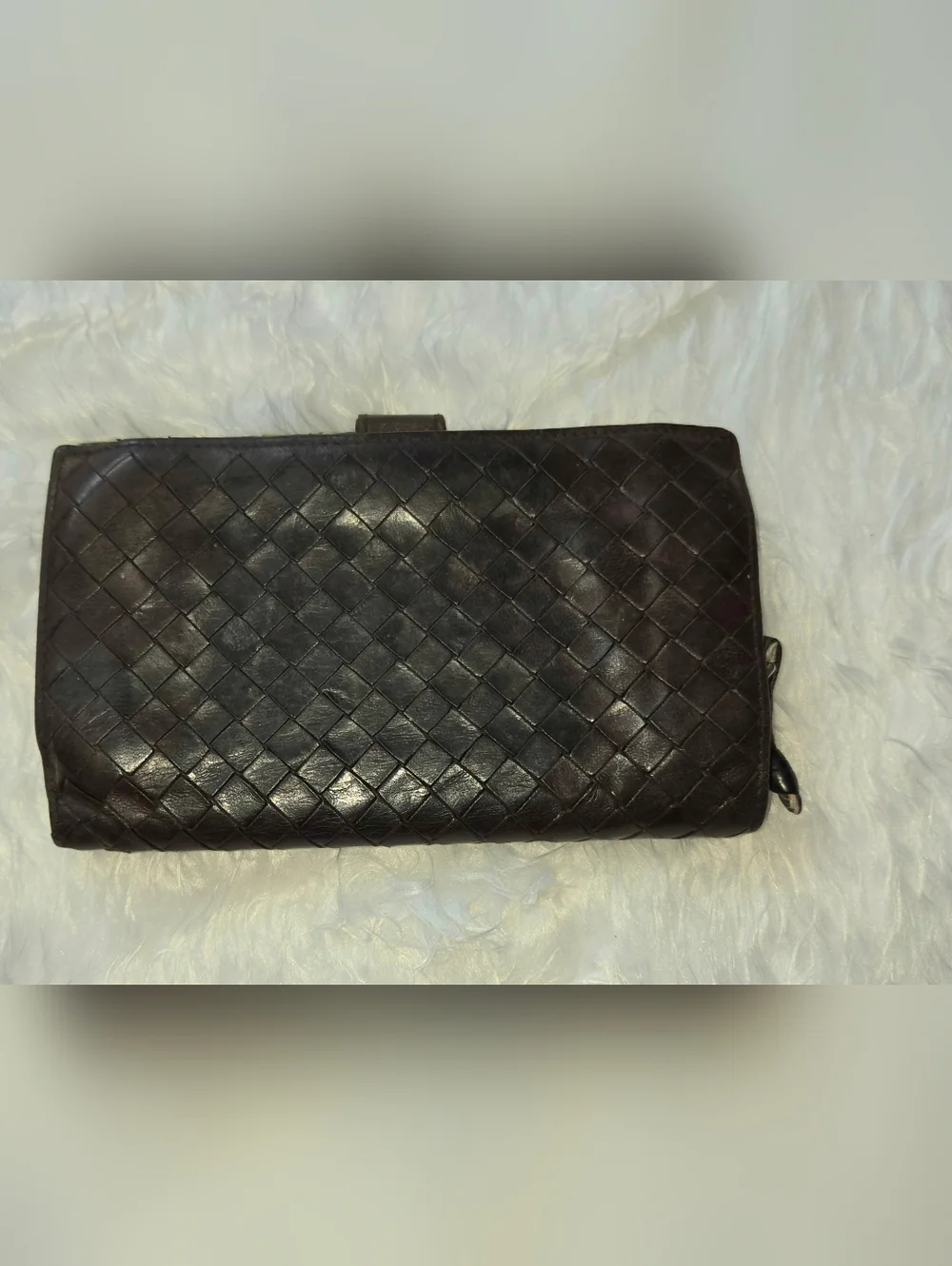 Bottega Veneta Dark Brown Intrecciato Woven Leather Zip Wallet Bifold Authentic